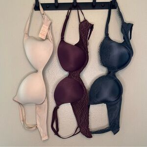 Lot of 3 Auden Lace Bras - Cream, Burgundy, Black Size 34C